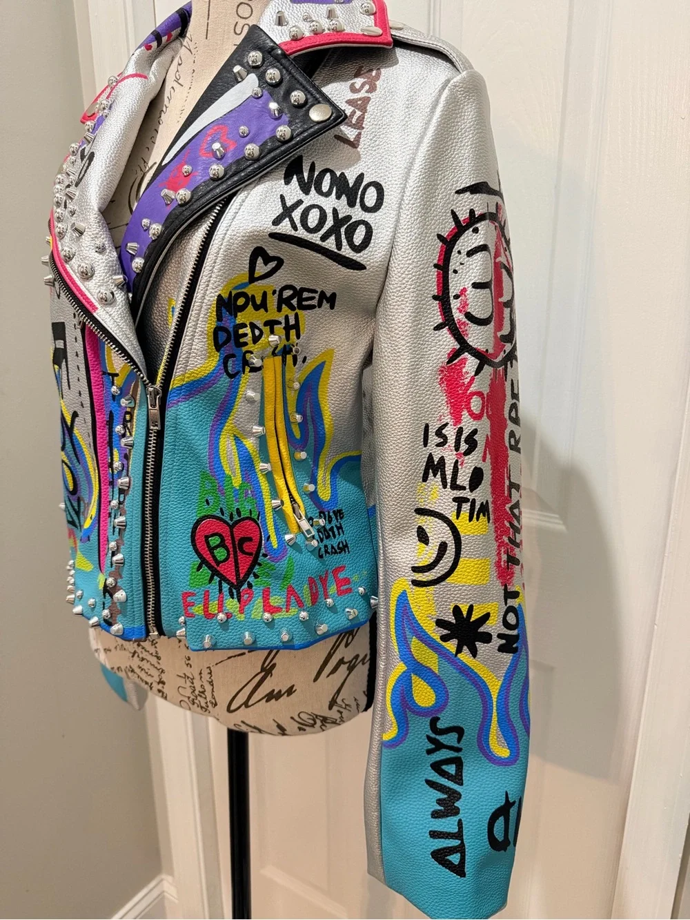 Azalea Wang Graffiti Silver Jacket Embellished Eagle Rose Statement Piece